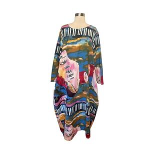Audate Dress 2XL Colorful Abstract Linen Blend Kaftan Boho Artsy